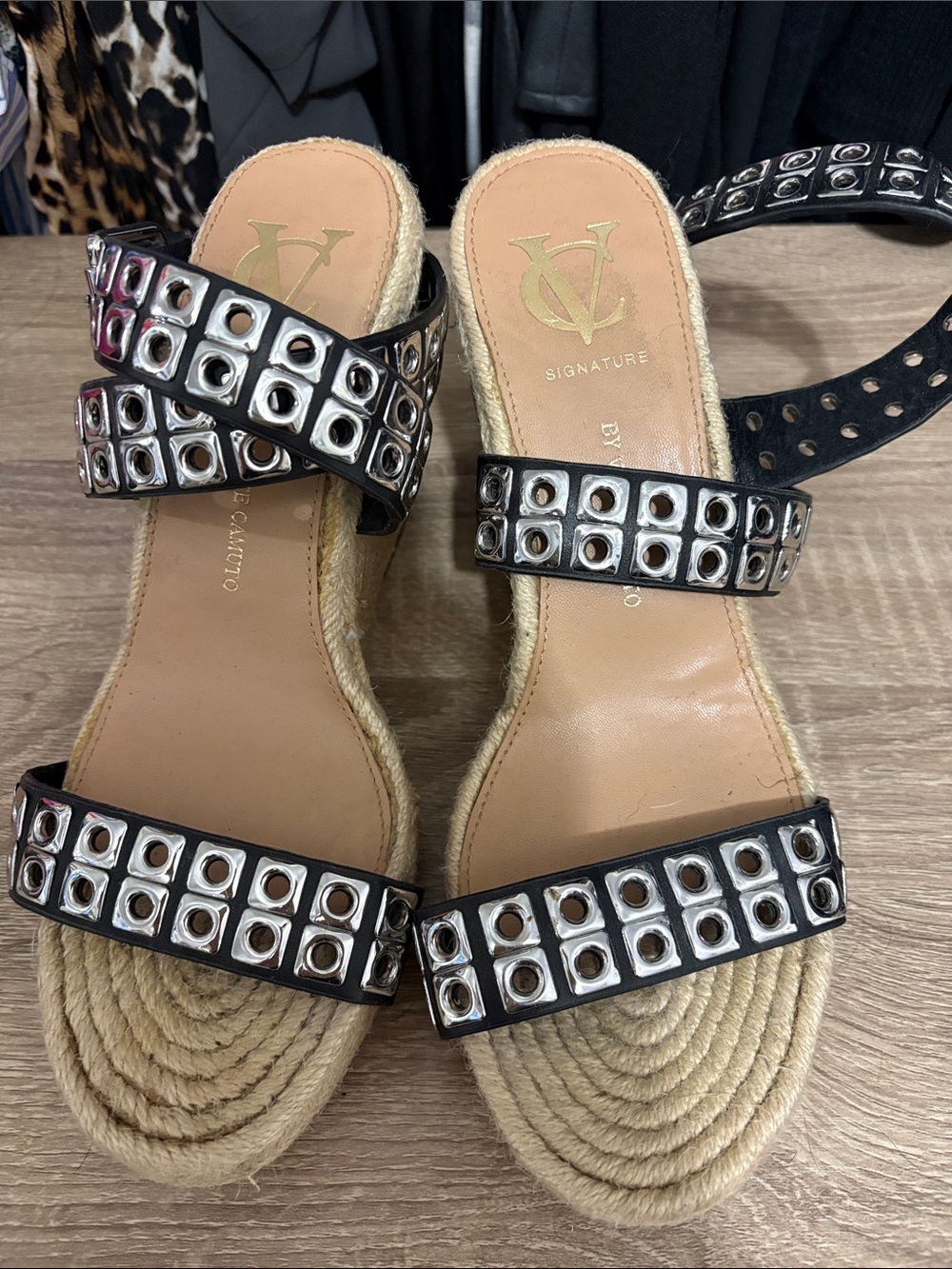 Vince Camuto Signature Black Studded Espadrille Sandals by